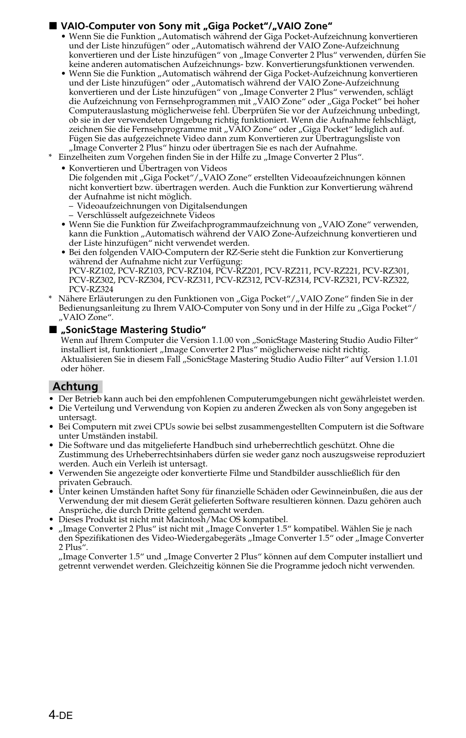 Achtung | Sony MSSW-IC2P User Manual | Page 12 / 40