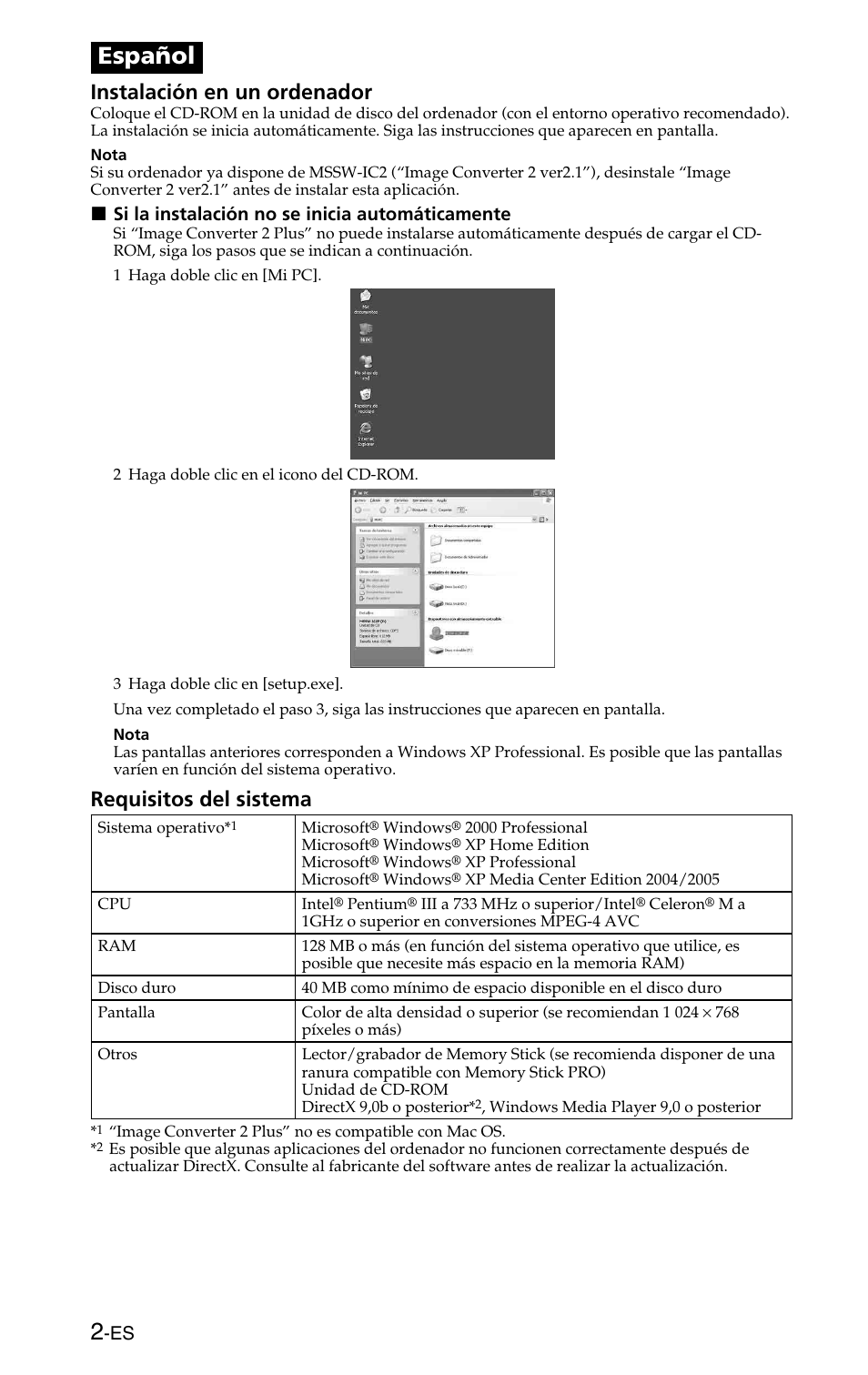 Español, Instalación en un ordenador, Requisitos del sistema | Sony MSSW-IC2P User Manual | Page 14 / 40