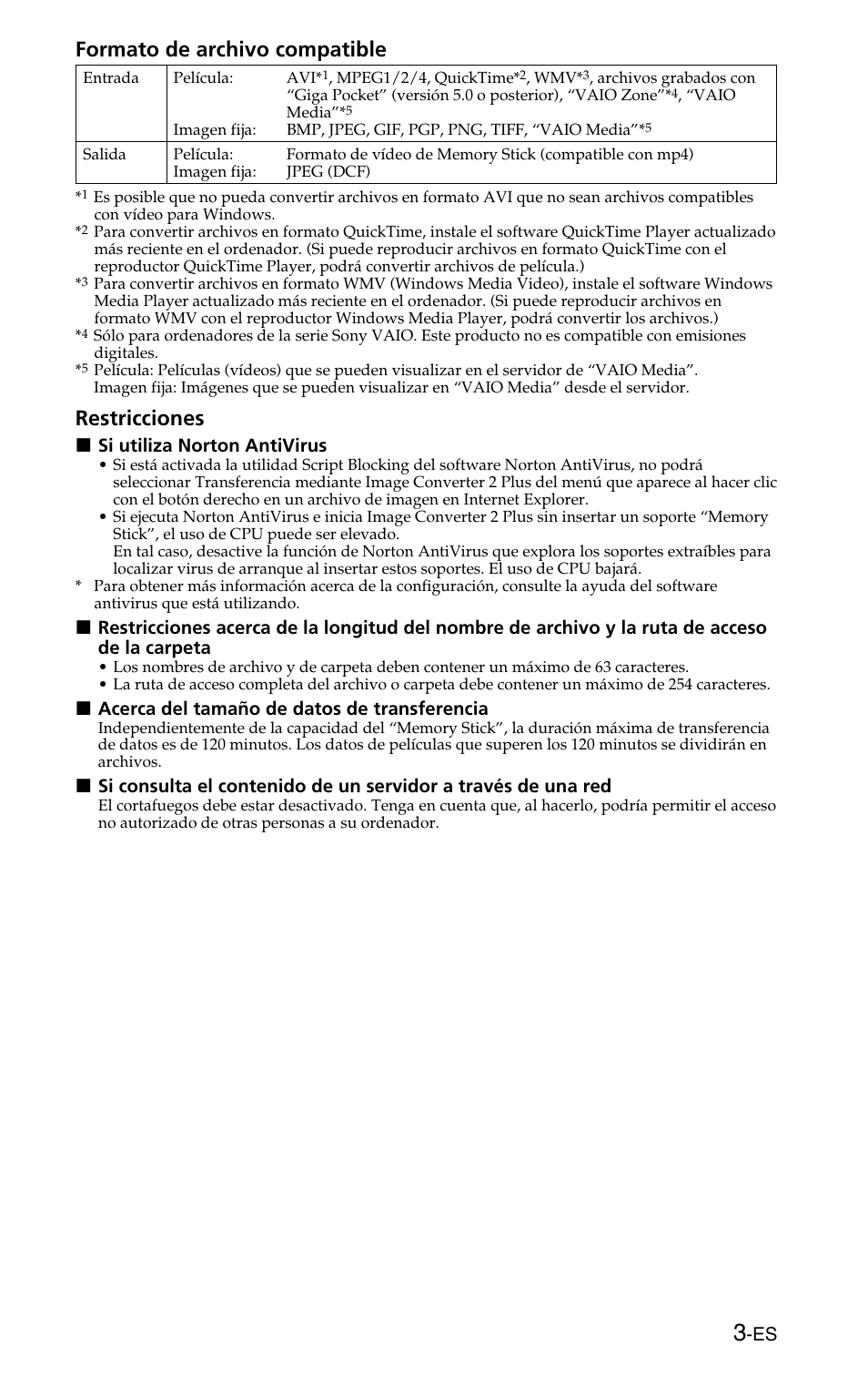 Formato de archivo compatible, Restricciones | Sony MSSW-IC2P User Manual | Page 15 / 40