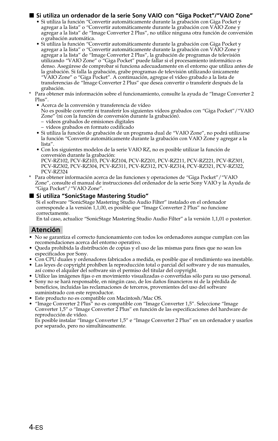 Atención | Sony MSSW-IC2P User Manual | Page 16 / 40