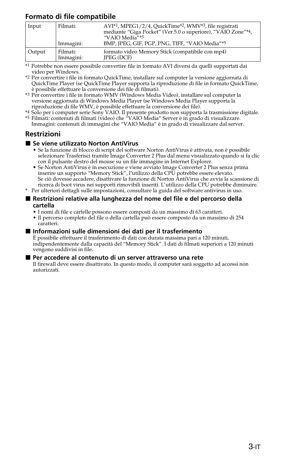 Formato di file compatibile, Restrizioni | Sony MSSW-IC2P User Manual | Page 19 / 40