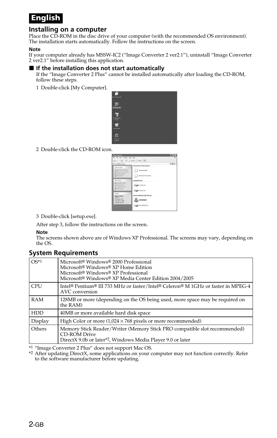English, Installing on a computer, System requirements | Sony MSSW-IC2P User Manual | Page 2 / 40