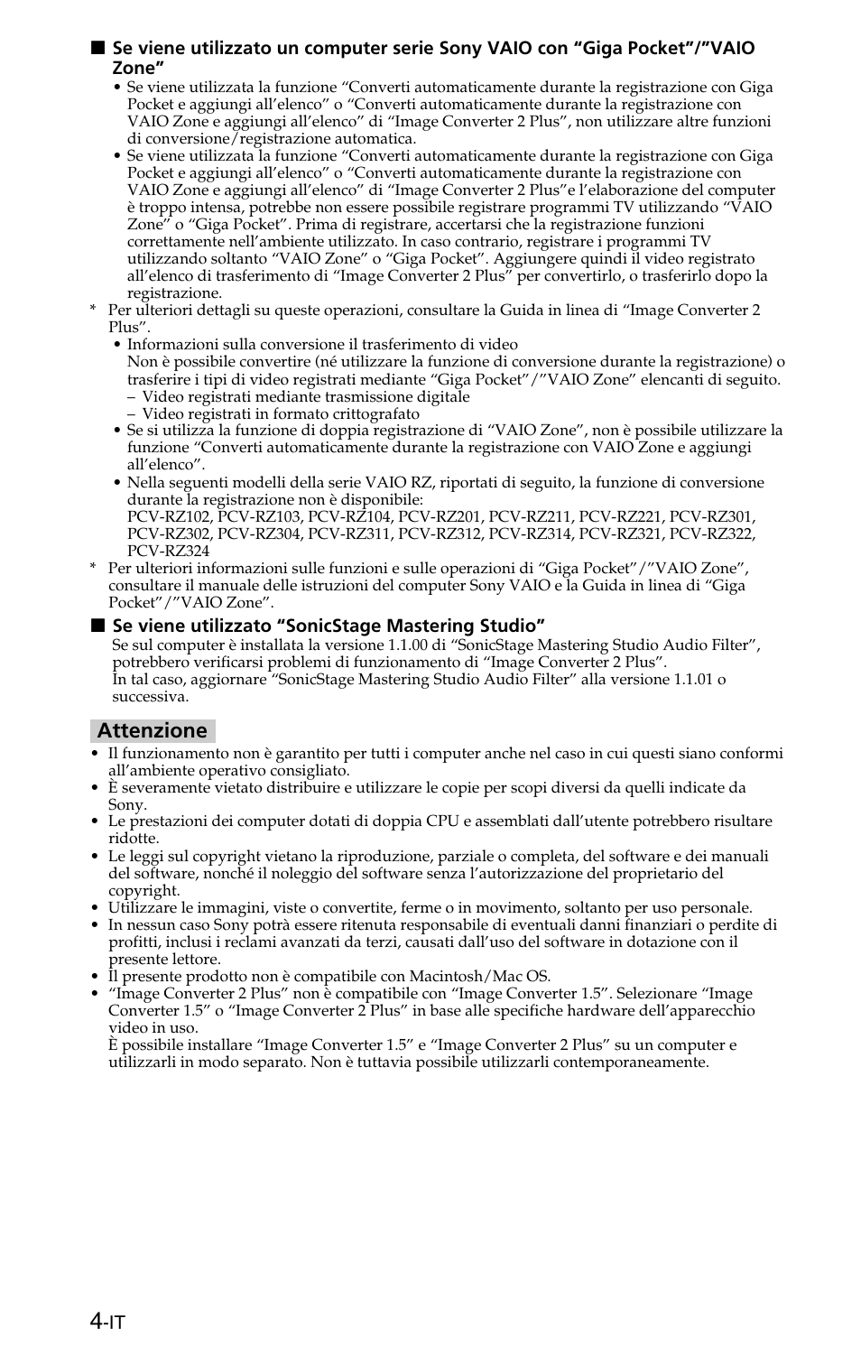 Attenzione | Sony MSSW-IC2P User Manual | Page 20 / 40