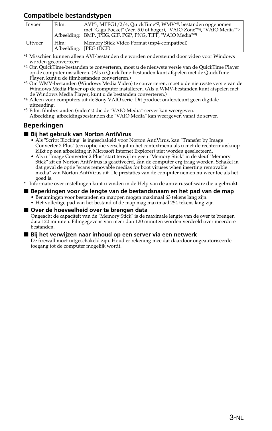 Compatibele bestandstypen, Beperkingen | Sony MSSW-IC2P User Manual | Page 23 / 40