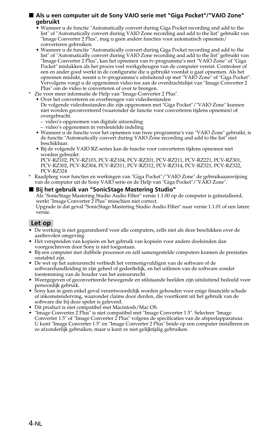 Let op | Sony MSSW-IC2P User Manual | Page 24 / 40