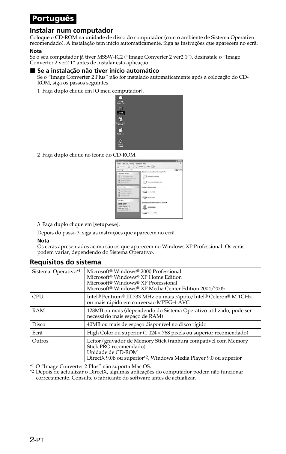 Português, Instalar num computador, Requisitos do sistema | Sony MSSW-IC2P User Manual | Page 26 / 40