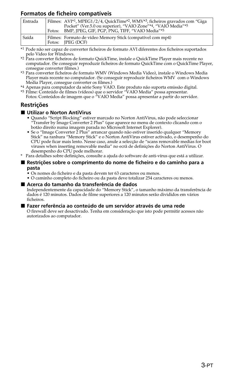 Formatos de ficheiro compatíveis, Restrições | Sony MSSW-IC2P User Manual | Page 27 / 40