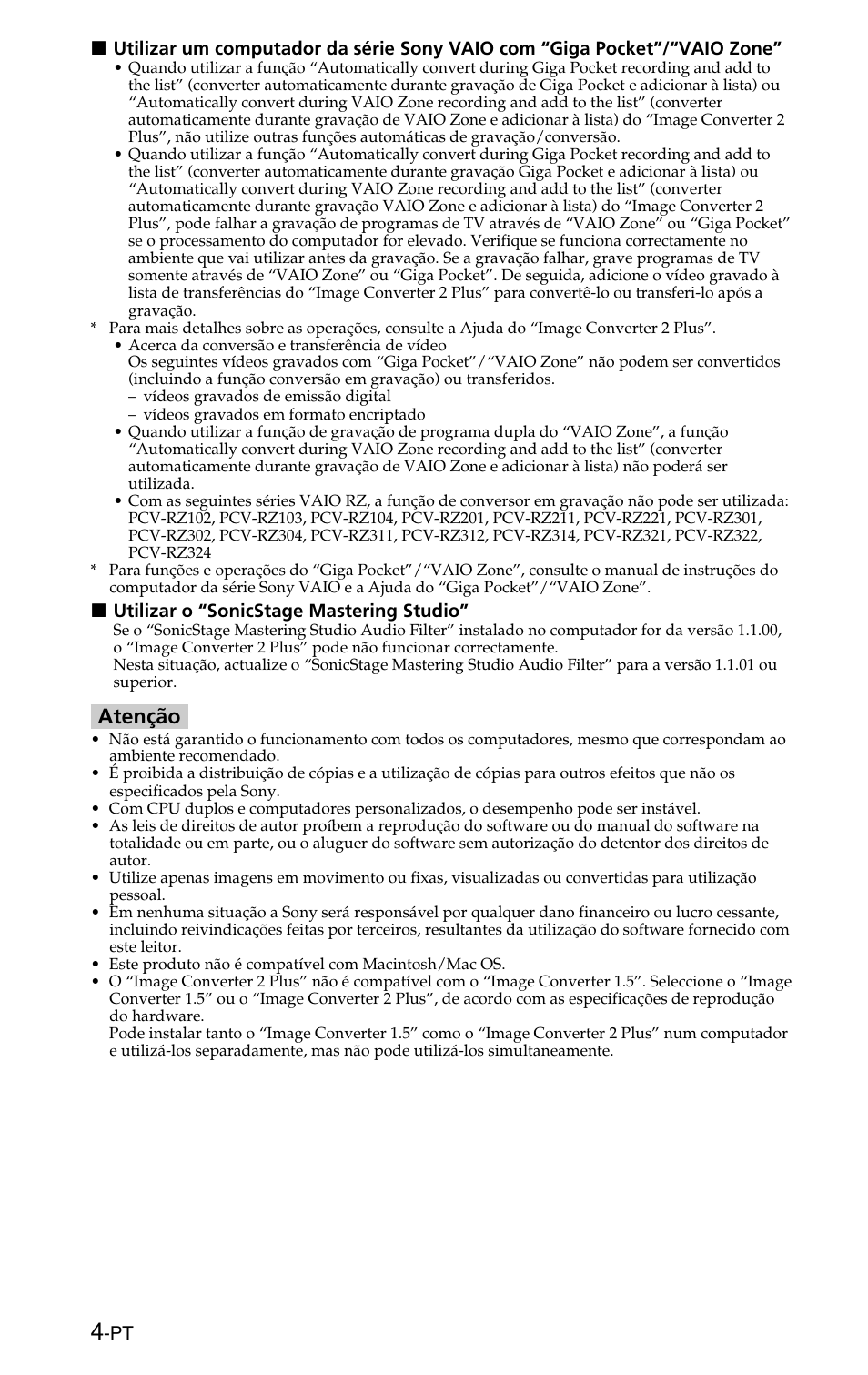 Atenção | Sony MSSW-IC2P User Manual | Page 28 / 40