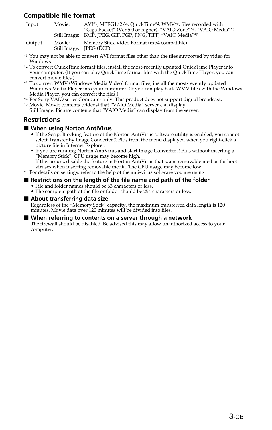 Compatible file format, Restrictions | Sony MSSW-IC2P User Manual | Page 3 / 40