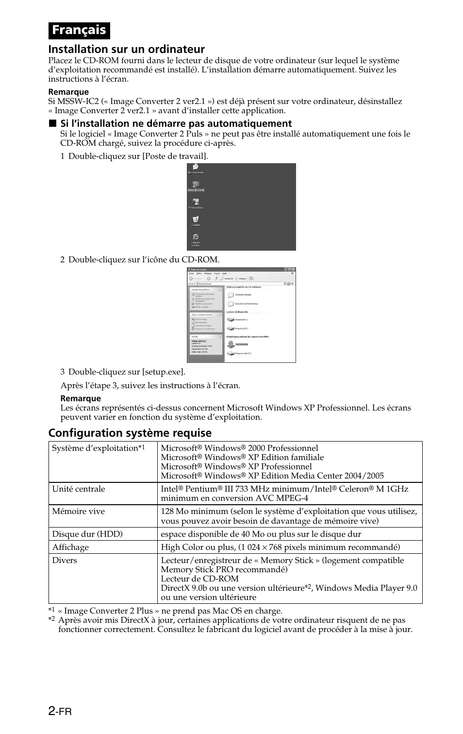 Français, Installation sur un ordinateur, Configuration système requise | Sony MSSW-IC2P User Manual | Page 6 / 40