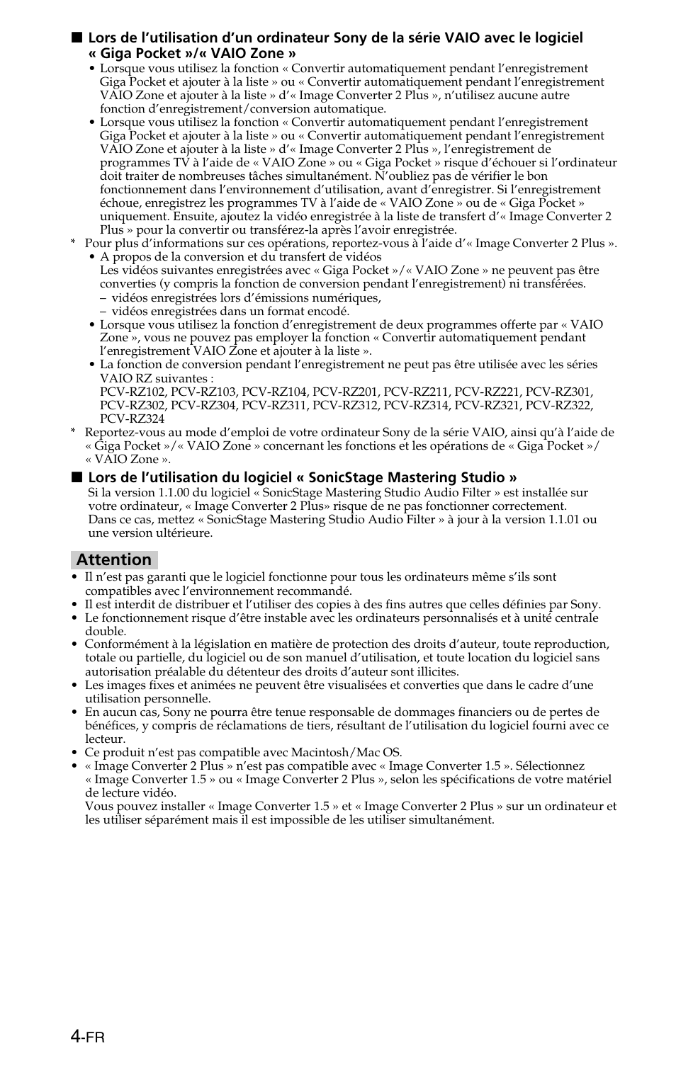 Attention | Sony MSSW-IC2P User Manual | Page 8 / 40