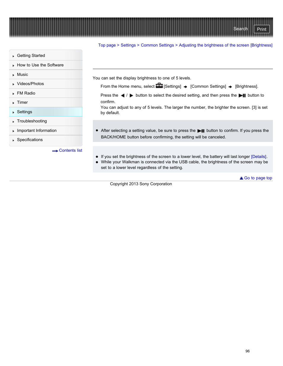 Adjusting the brightness of the screen [brightness, Details | Sony NWZ-E384BLK User Manual | Page 102 / 162