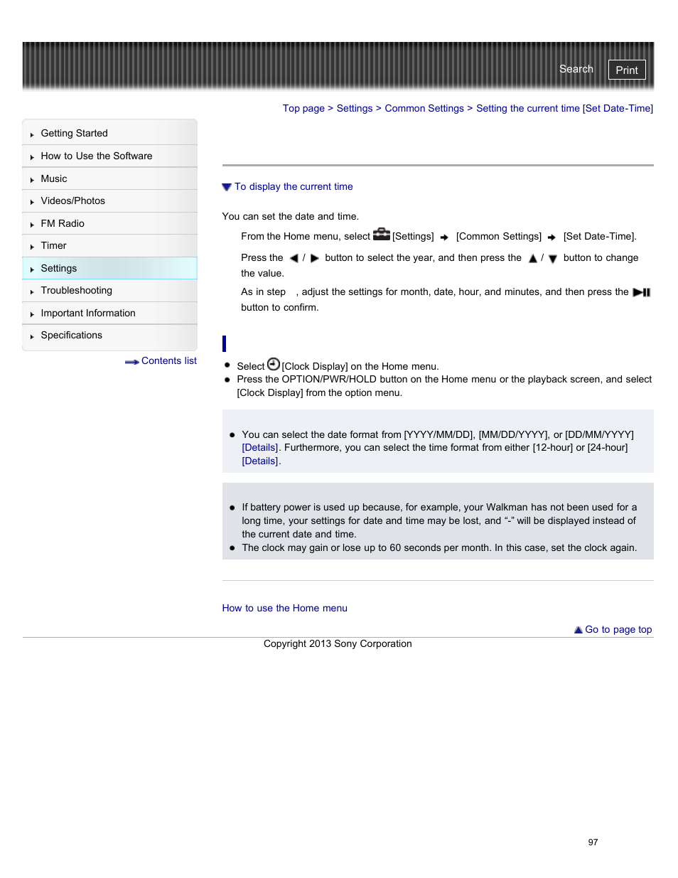 Setting the current time [set date-time, To display the current time, Details | Sony NWZ-E384BLK User Manual | Page 103 / 162