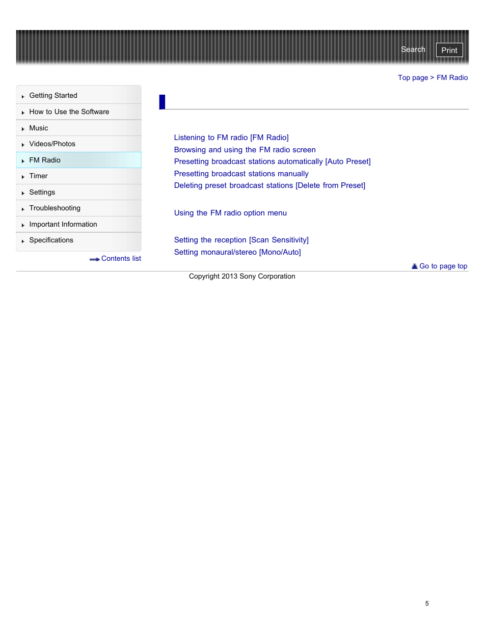 Fm radio, Listening to fm radio, Fm radio option menu | Fm radio settings | Sony NWZ-E384BLK User Manual | Page 11 / 162
