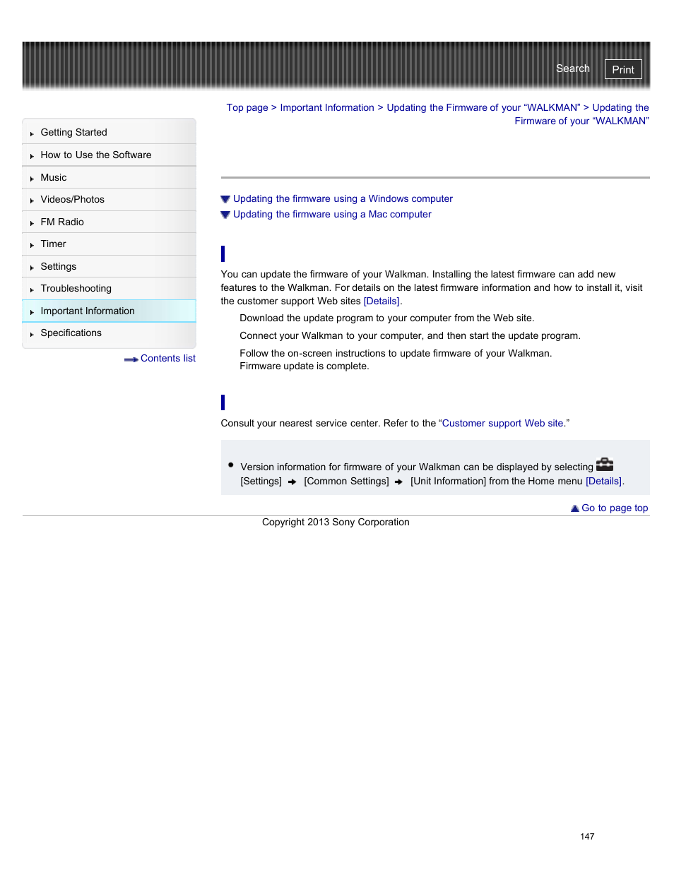 Updating the firmware of your “walkman, Updating the firmware using a windows computer, Updating the firmware using a mac computer | Sony NWZ-E384BLK User Manual | Page 153 / 162