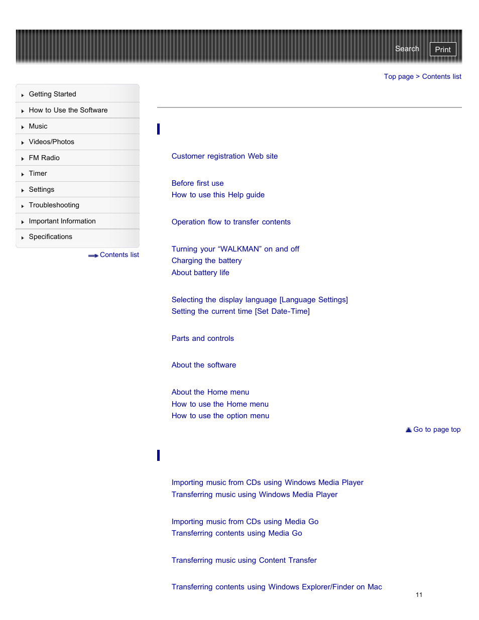 Contents list | Sony NWZ-E384BLK User Manual | Page 17 / 162