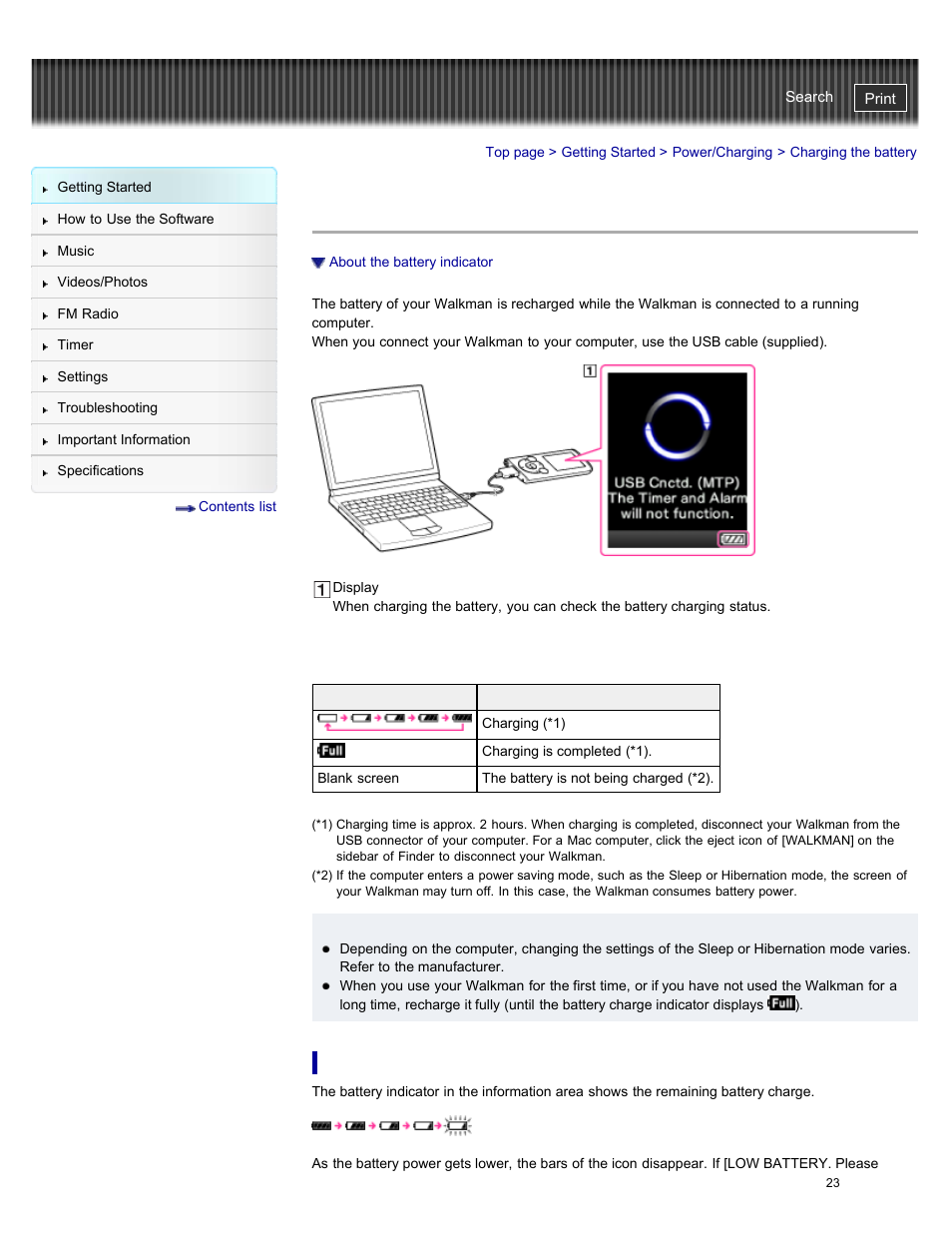 Charging the battery, About the battery indicator, Details | Sony NWZ-E384BLK User Manual | Page 29 / 162