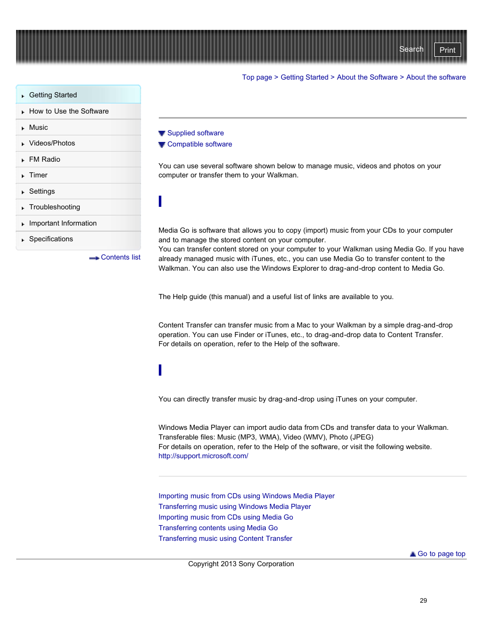 About the software, Supplied software, Compatible software | Details | Sony NWZ-E384BLK User Manual | Page 35 / 162