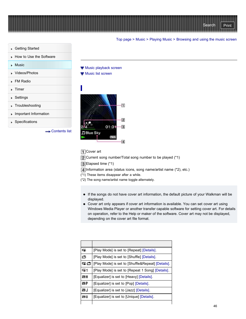 Browsing and using the music screen, Music playback screen, Details | Sony NWZ-E384BLK User Manual | Page 52 / 162