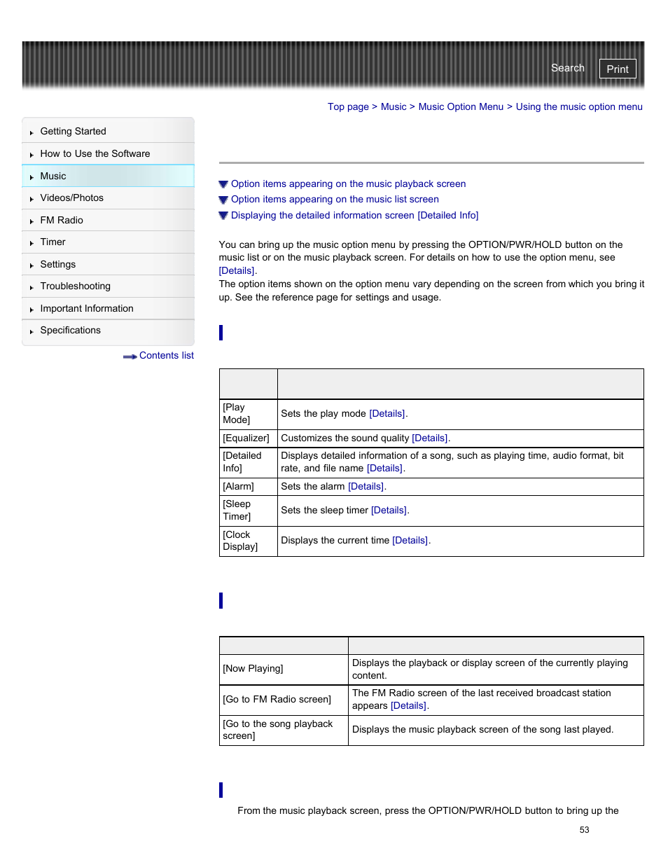 Using the music option menu, Option items appearing on the music list screen | Sony NWZ-E384BLK User Manual | Page 59 / 162
