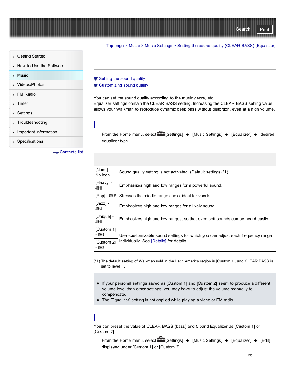 Setting the sound quality (clear bass) [equalizer, Setting the sound quality, Customizing sound quality | Details | Sony NWZ-E384BLK User Manual | Page 62 / 162