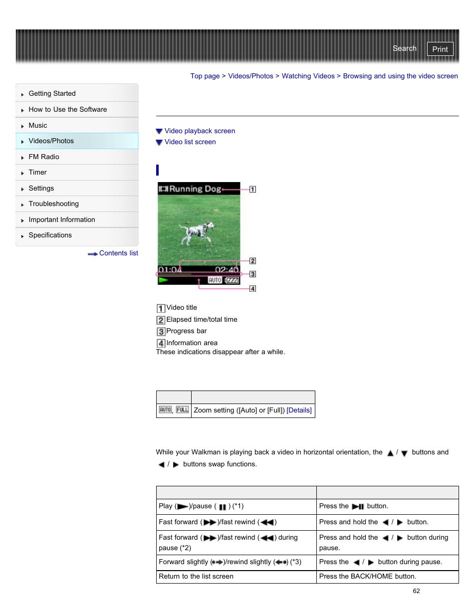 Browsing and using the video screen, Video playback screen, Details | Sony NWZ-E384BLK User Manual | Page 68 / 162