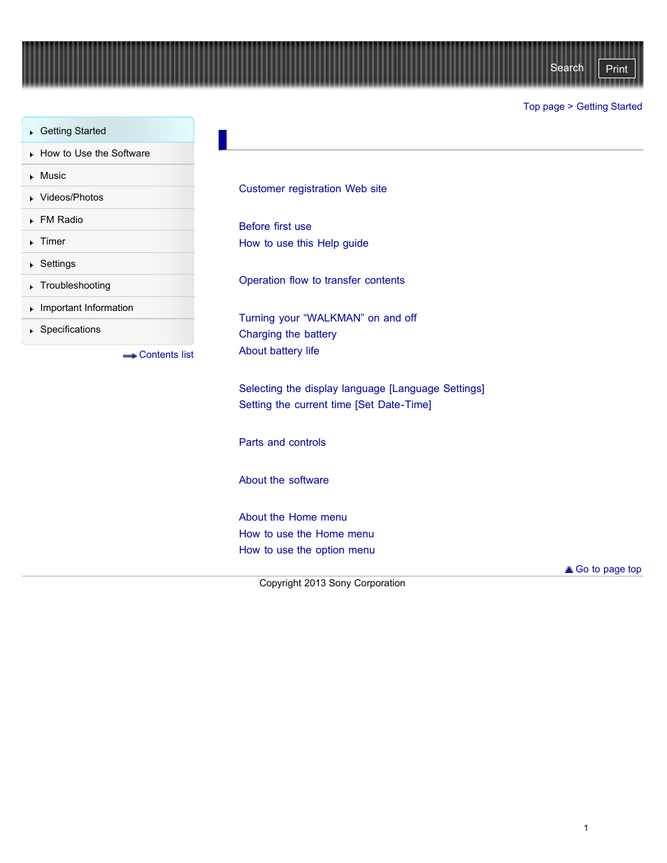 Getting started, Customer registration web site, Before use | Operation flow of “walkman, Power/charging, Initial settings, Parts and controls, About the software, Home menu/option menu | Sony NWZ-E384BLK User Manual | Page 7 / 162