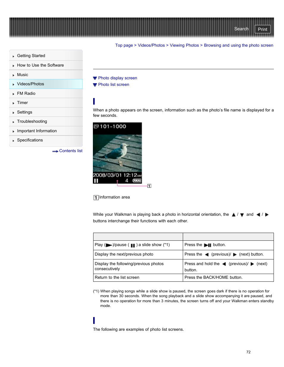 Browsing and using the photo screen, Photo display screen, Photo list screen | Details | Sony NWZ-E384BLK User Manual | Page 78 / 162