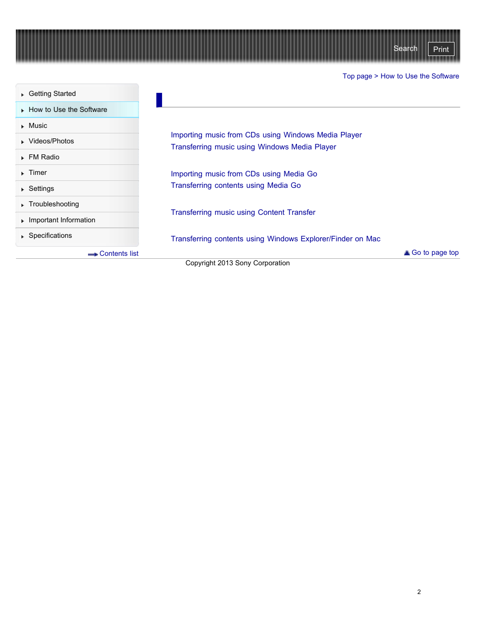 How to use the software, Windows media player (windows only), Media go (windows only) | Content transfer (mac only), Drag-and-drop | Sony NWZ-E384BLK User Manual | Page 8 / 162