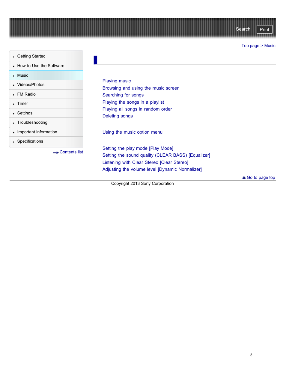 Music, Playing music, Music option menu | Music settings | Sony NWZ-E384BLK User Manual | Page 9 / 162