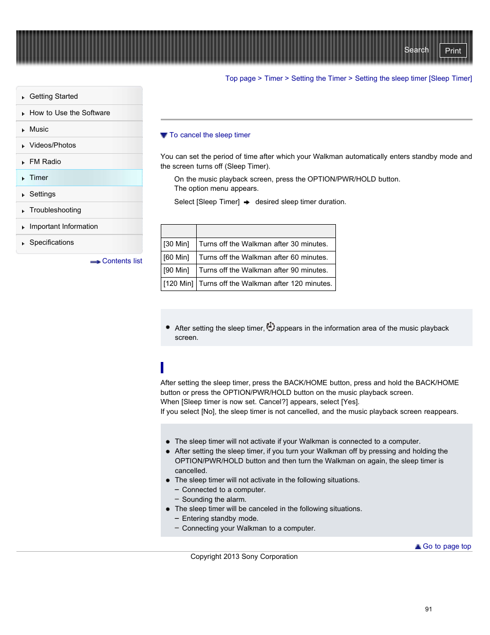 Setting the sleep timer [sleep timer, To cancel the sleep timer, Details | Sony NWZ-E384BLK User Manual | Page 97 / 162