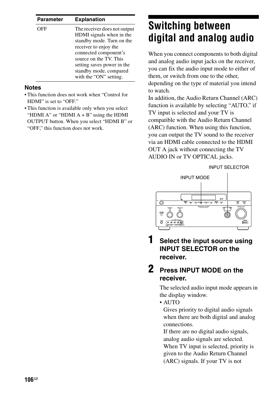 Switching between digital and analog audio, Switching between digital and analog, Audio | Sony STR-DA5600ES User Manual | Page 106 / 178