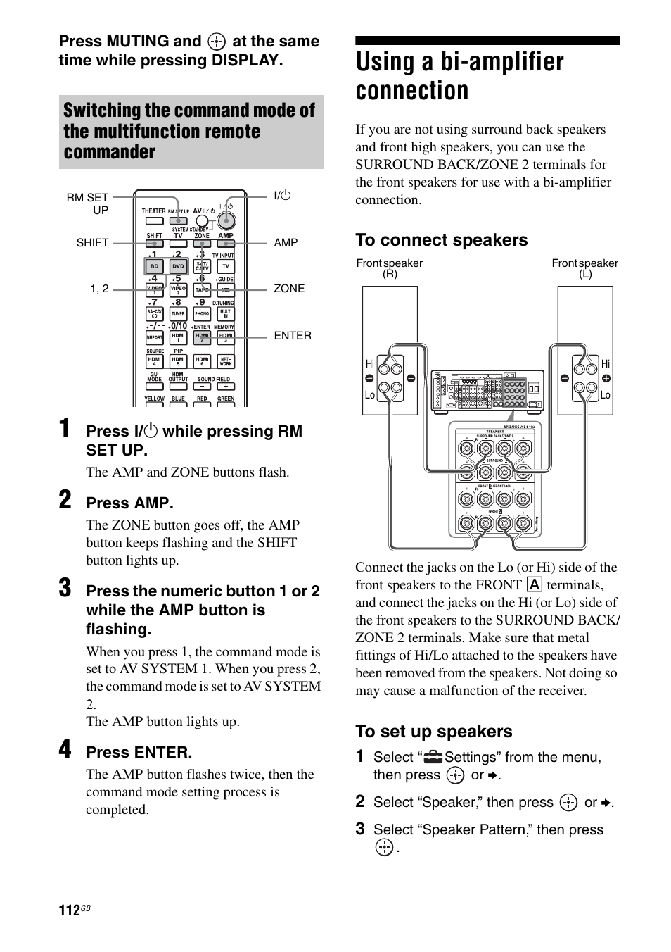 Using a bi-amplifier connection | Sony STR-DA5600ES User Manual | Page 112 / 178