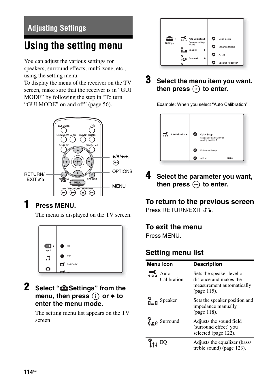 Adjusting settings, Using the setting menu | Sony STR-DA5600ES User Manual | Page 114 / 178