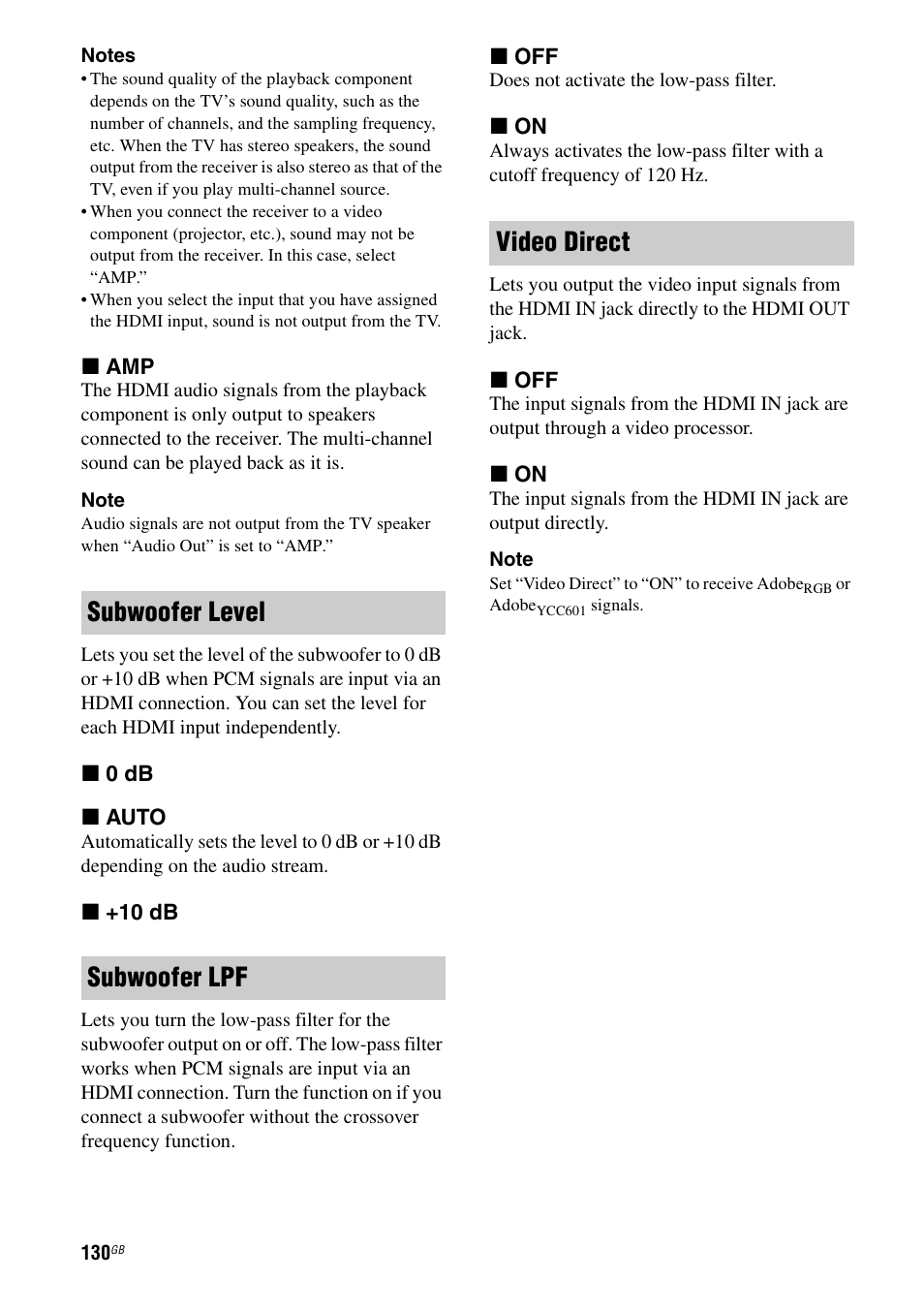 Subwoofer level subwoofer lpf video direct | Sony STR-DA5600ES User Manual | Page 130 / 178