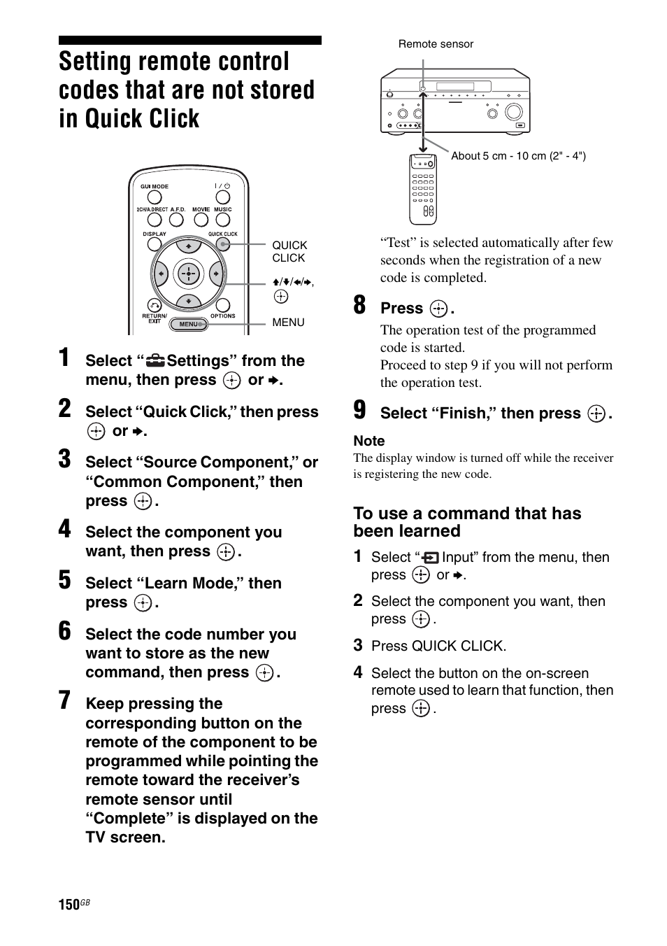 Setting remote control codes that are not, Stored in quick click | Sony STR-DA5600ES User Manual | Page 150 / 178