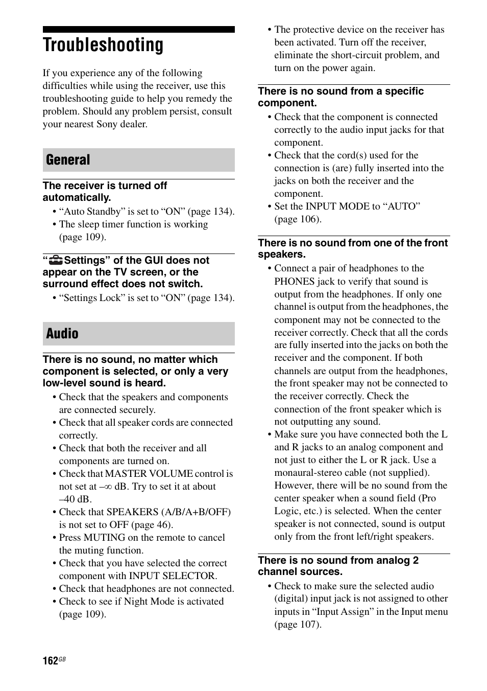 Troubleshooting, General audio | Sony STR-DA5600ES User Manual | Page 162 / 178