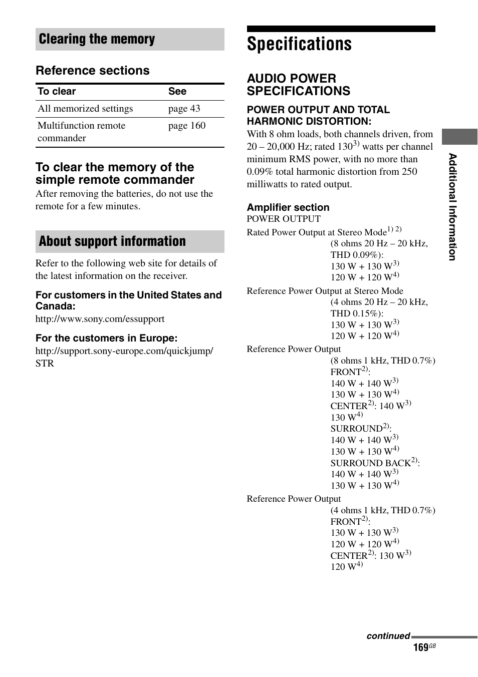 Specifications, About support information, Audio power specifications | Sony STR-DA5600ES User Manual | Page 169 / 178