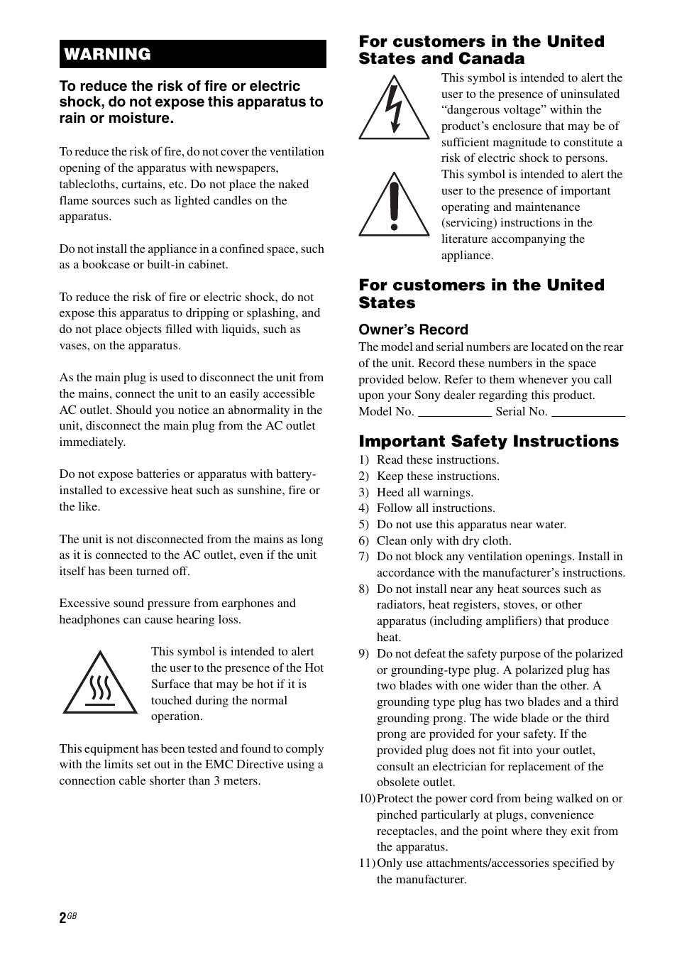 For customers in the united states and canada, For customers in the united states, Important safety instructions | Warning | Sony STR-DA5600ES User Manual | Page 2 / 178