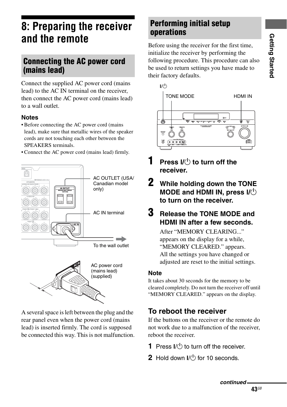 Preparing the receiver and the remote, Connecting the ac power cord (mains lead), Performing initial setup operations | Sony STR-DA5600ES User Manual | Page 43 / 178