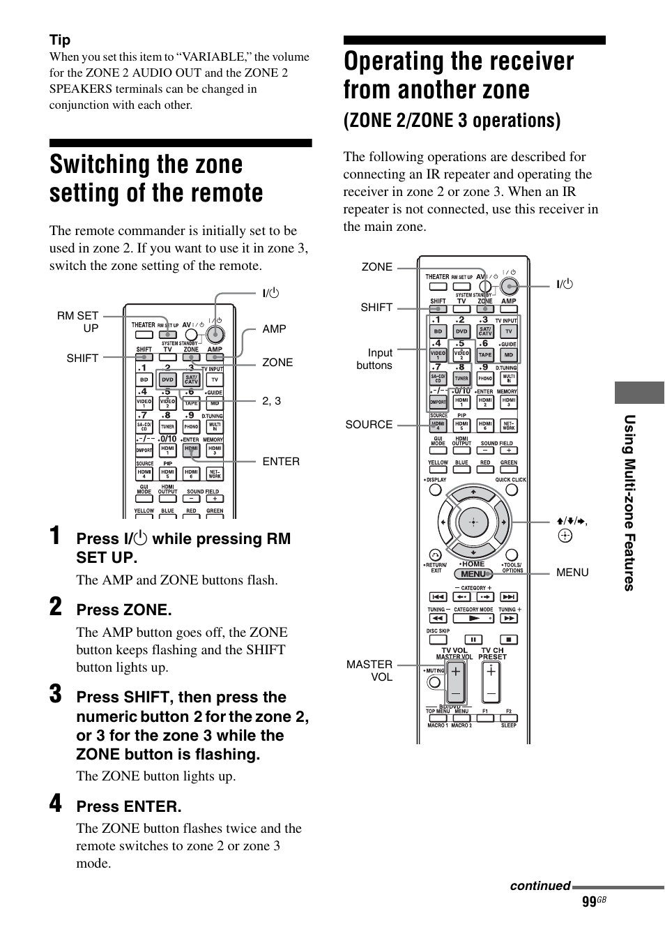 Switching the zone setting of the remote, Zone 2/zone 3 operations), Operating the receiver from another zone | Sony STR-DA5600ES User Manual | Page 99 / 178