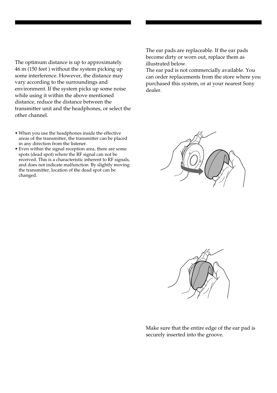 The effective areas of the transmitter, Replacing the ear pads | Sony MDR-RF960RK User Manual | Page 11 / 40