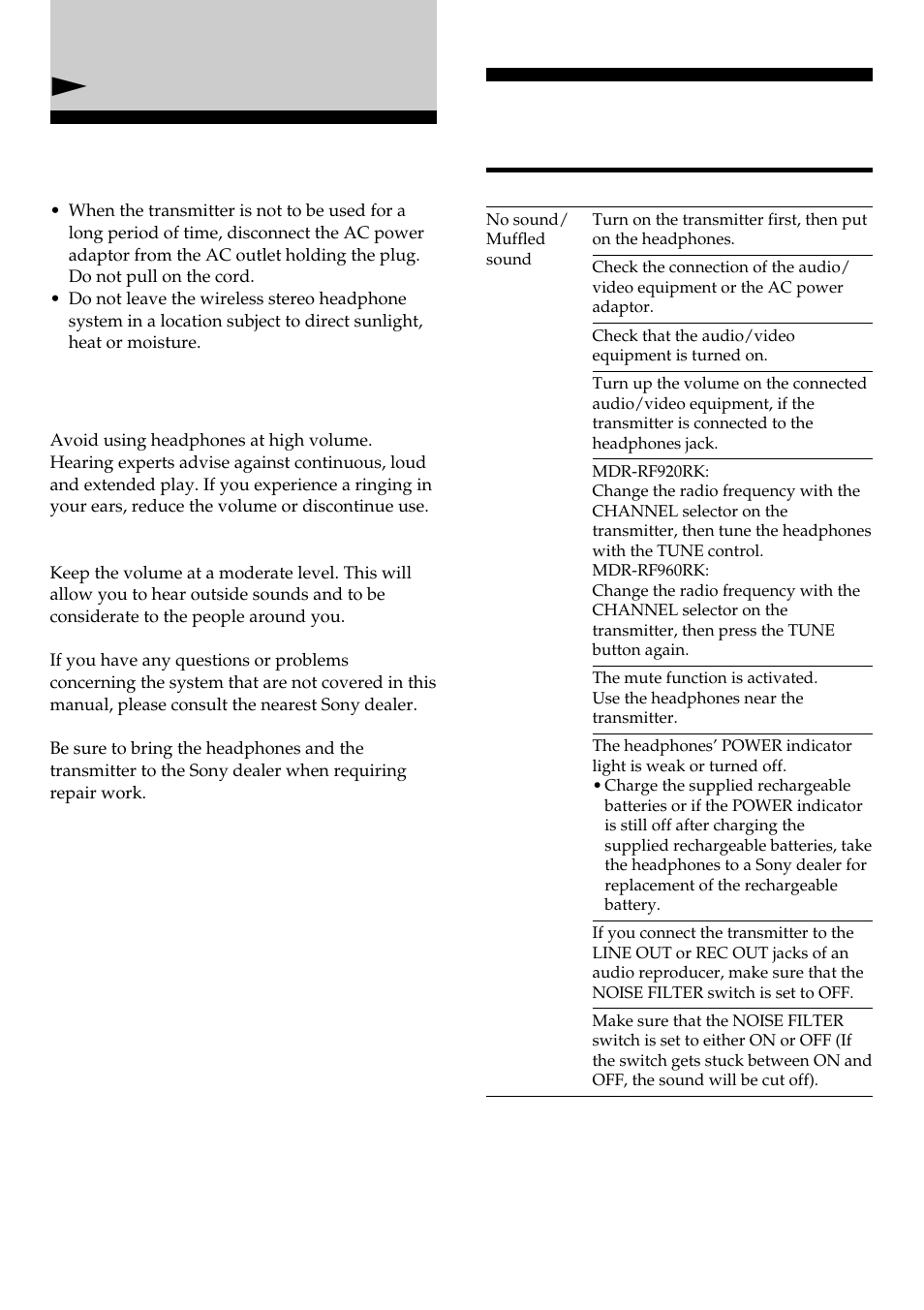Precautions, Troubleshooting, Nadditional information | Sony MDR-RF960RK User Manual | Page 12 / 40