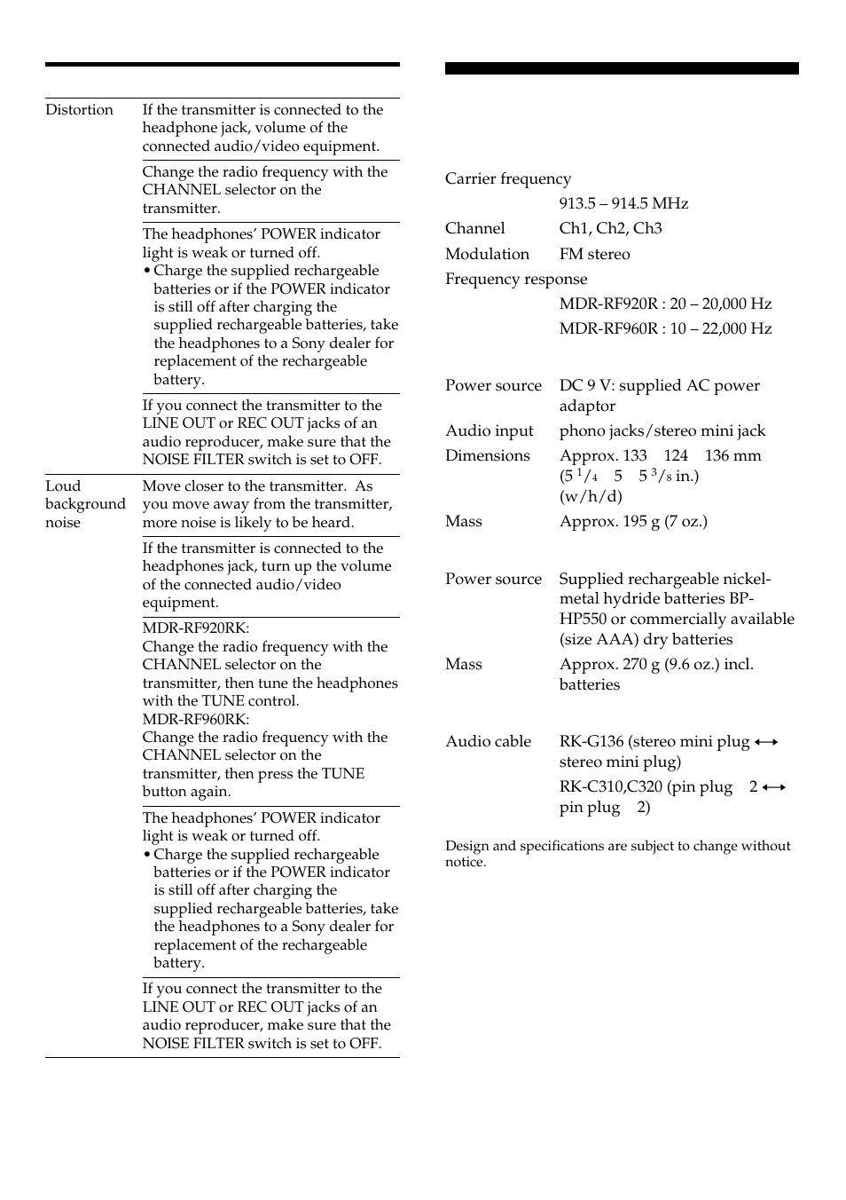 Specifications | Sony MDR-RF960RK User Manual | Page 13 / 40