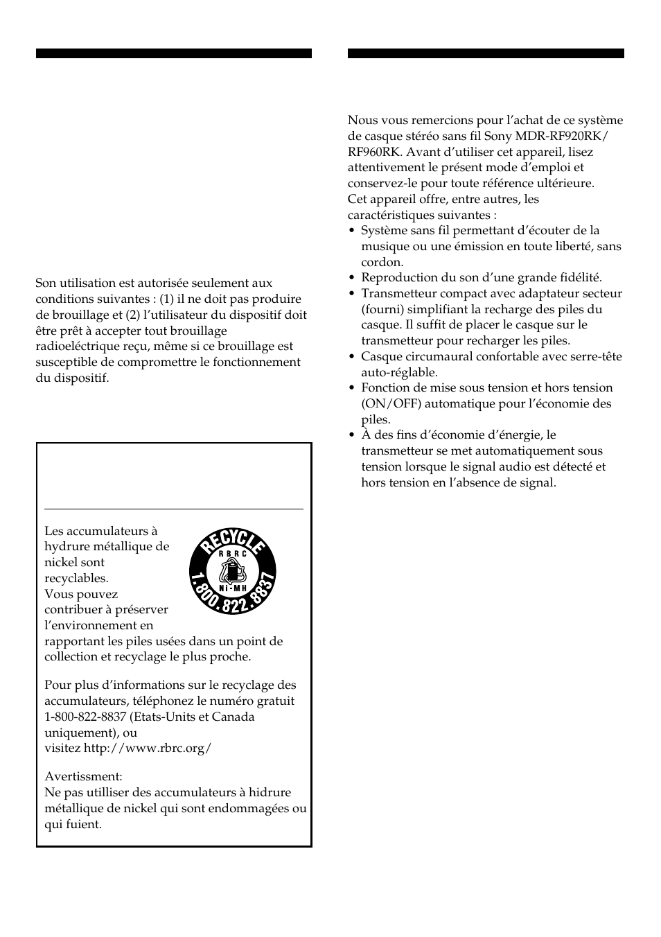 Avertissement, Bienvenue | Sony MDR-RF960RK User Manual | Page 14 / 40