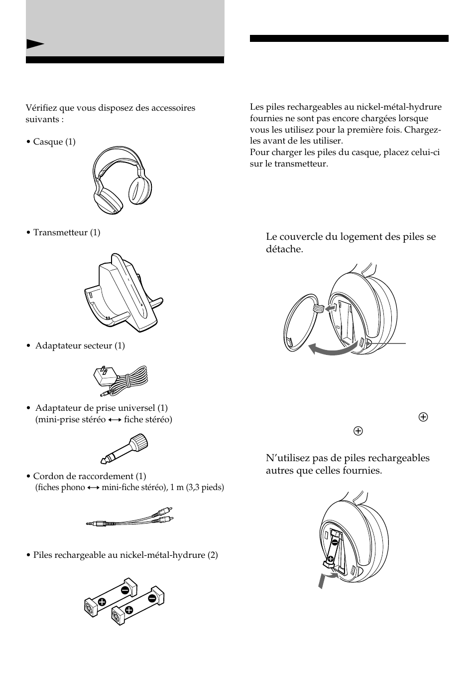 Déballage, Charge des piles rechargeables fournies, Npréparatifs | Sony MDR-RF960RK User Manual | Page 16 / 40