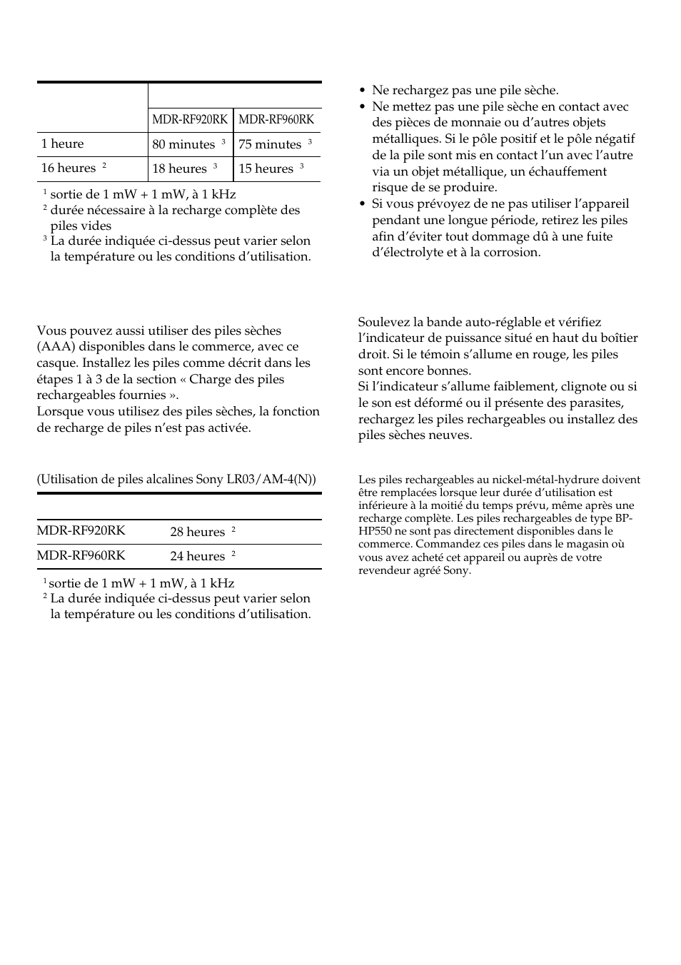 Durées de charge et d’utilisation, Durée de vie des piles, Remarques sur les piles | Vérification du niveau de charge des piles | Sony MDR-RF960RK User Manual | Page 18 / 40