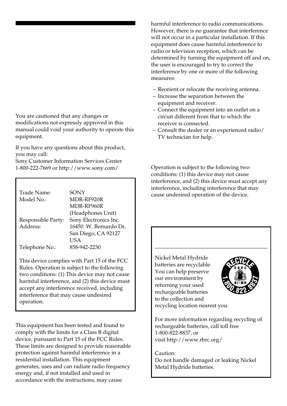 Warning | Sony MDR-RF960RK User Manual | Page 2 / 40