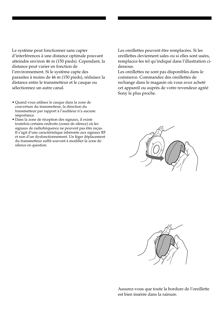 Remplacement des oreillettes, Portée du transmetteur | Sony MDR-RF960RK User Manual | Page 23 / 40