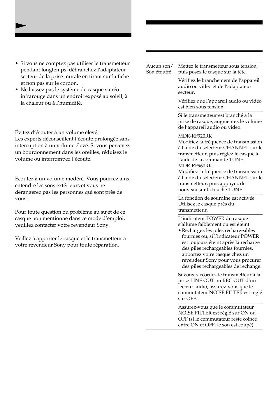 Précautions, Dépannage, Informations complémentaires | Sony MDR-RF960RK User Manual | Page 24 / 40